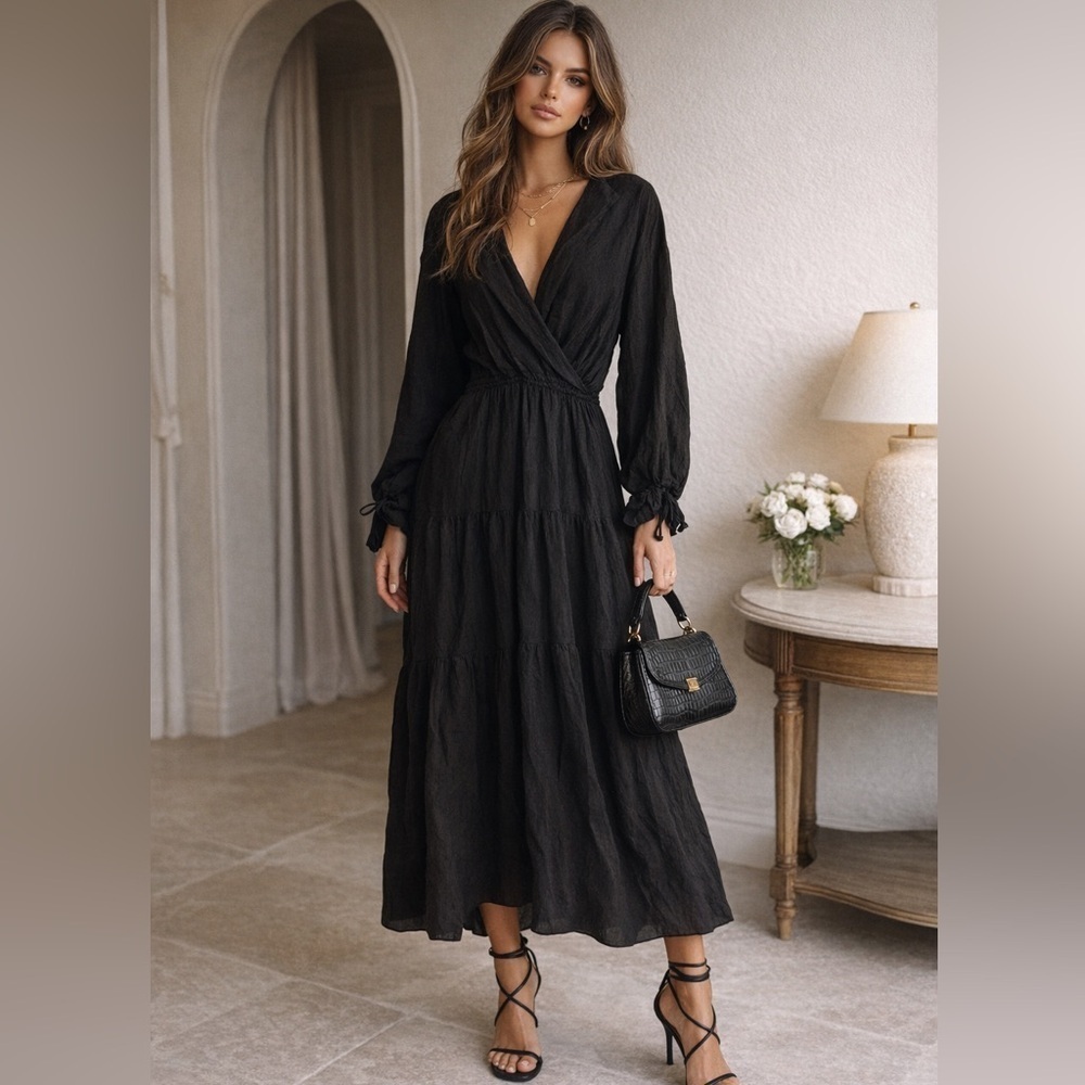 Shaina Mote Midi Dress Women Large Maxi Satin Cupro Black R